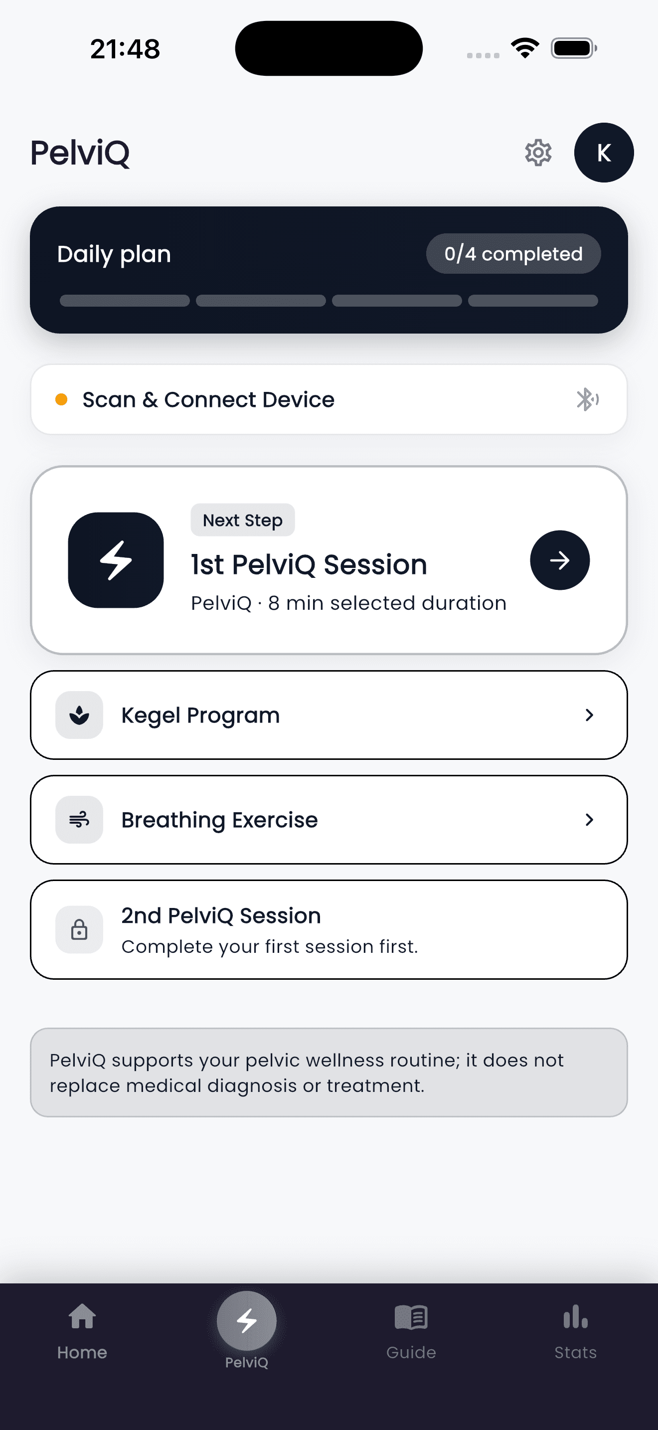 PelviQ uygulamasında günlük plan, Kegel ve nefes adımları